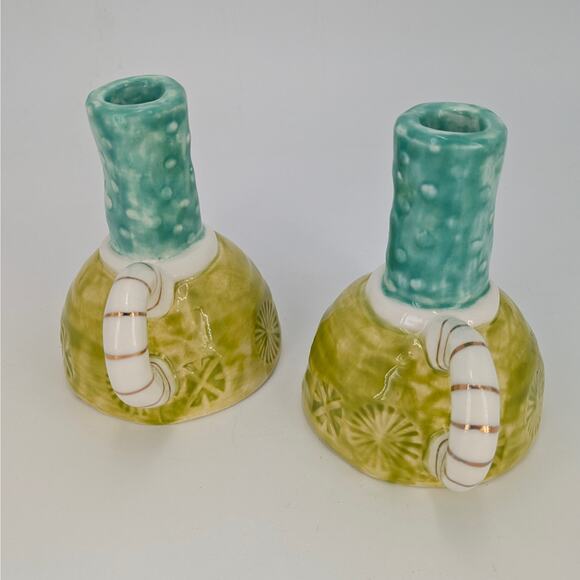 Artisan Stoneware Taper Candle Holders Dual Handles Whimsical Teal Lime Gold Set - Picture 3 of 12